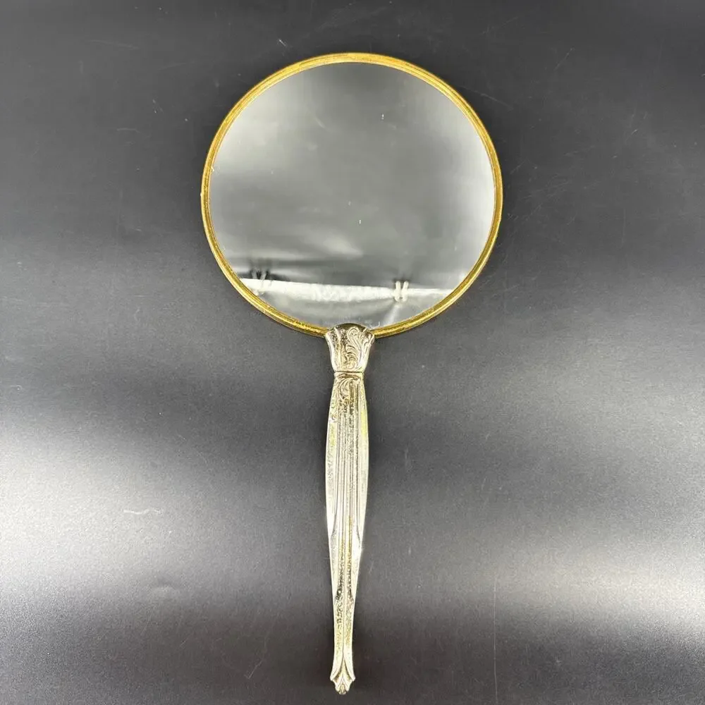 Vintage Brass Victorian Style Handheld Bevel Mirror Floral Design 13